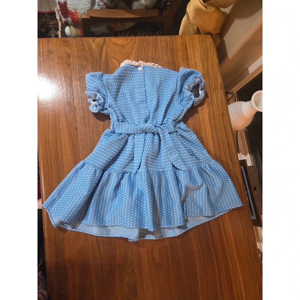 Vintage Girls Blue Swiss Dot Prairie Dress Lace Floral Bib Ruffle Cottagecore 2T